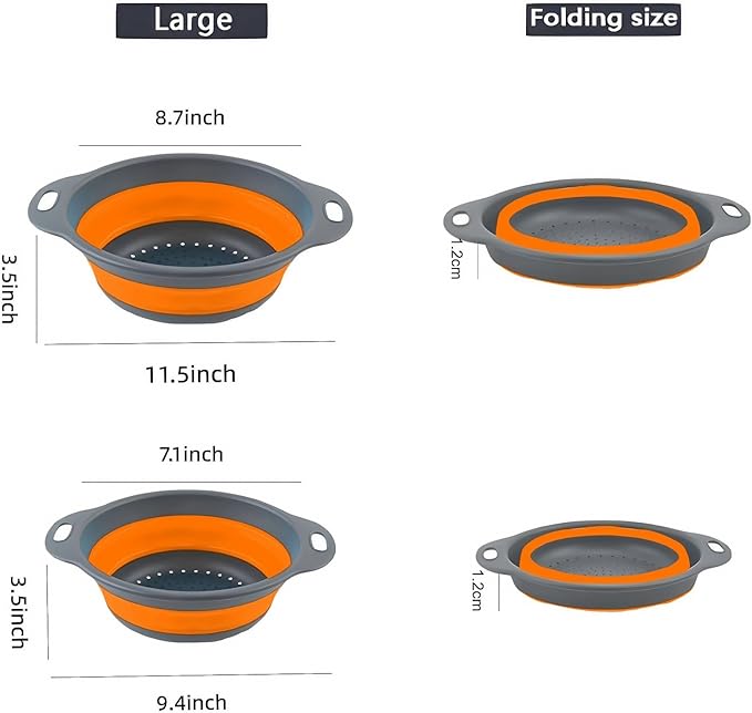 Silicone Colander Collapsible Strainers Set for Kitchen- 2 Pack (3Qt, 4Qt) -Over Home Draining Basket, Food Vegetables & Fruits-Dishwasher Safe, Space Saving Design (Orange)