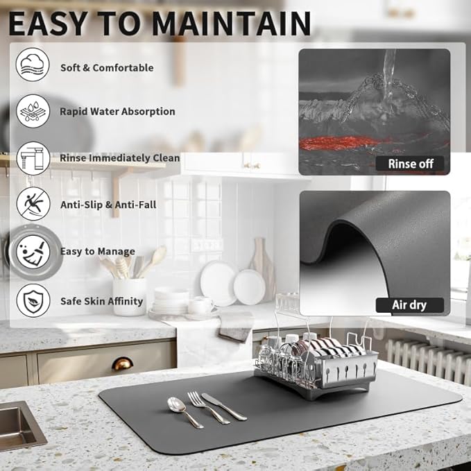 Dish Drying Mat for Kitchen Counter, Heat Resistant Drainer Mats with Non-slip Rubber Backed, Hide Stain Kitchen Super Absorbent Draining Mat, Easy to Clean Dish Rack Pad, Dark Grey 16"x18"