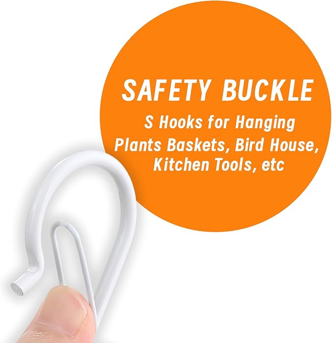 48 PCS S Hooks for Hanging with Safety Buckle, 3.5 inch Heavy Duty Metal S Shaped Hooks for Kitchen Utensil, Cups, Pots, Plants, Bags, Hats (White)