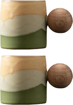 2-Oz Ceramic Espresso Cups with Wood Handle, 2/4-Piece Set for Coffee, Tea, Latte - Dishwasher Safe, Multi-Color & Wood Styles, Gift & Café Use (2-Pack) (Kiln turning green, Round Handle2)
