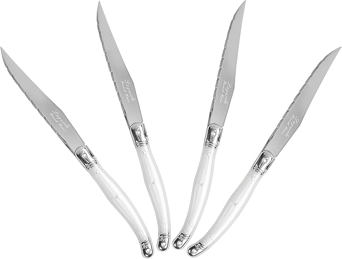 French Home Laguiole 4-Piece Steak Knife Set – Sophisticated Stainless Steel Dinner Knives with Pearlized White Handles & Iconic Bee Emblem – Serrated Knives for Smooth Cutting (9.25")