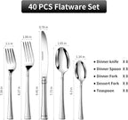Silverware Set Service for 8, 18/10 Stainless Steel, 40 Piece Set, Flatware Cutlery Set，Mirror Polished