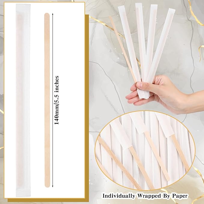 2000 Pcs Individually Wrapped Wooden Coffee Stirrers, Disposable Coffee Stir Sticks Round End Sticks Bulk Wood Stirrers for Cocktail Hot Drinks Restaurant Bar Home Office (5.5 Inch)