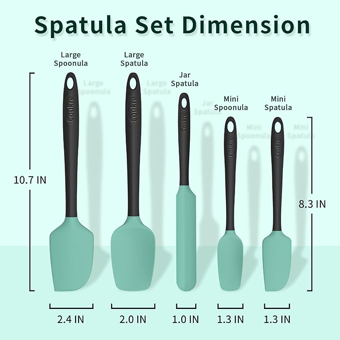 Coukre Silicone Spatula Set of 5,High Temperature Resistant, Food Grade Silicone, Dishwasher Safe, for Baking, Cooking (Aqua Green Black, Split-type)