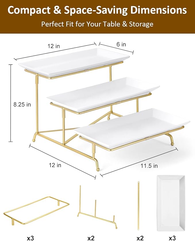 Yedio 3 Tier Serving Tray Set Porcelain Tiered Serving Platters, Collapsible Sturdier Stand with Stable Cross Bars, 12 Inch Three Layer Serving for Party Entertaining Food Display Fruit Dessert