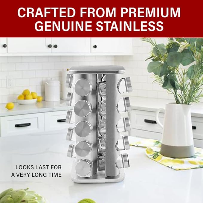 Orii 20 Jar Stainless Steel Rotating Spice Rack - No Spices - Stainless Steel Lids and Glass Jars