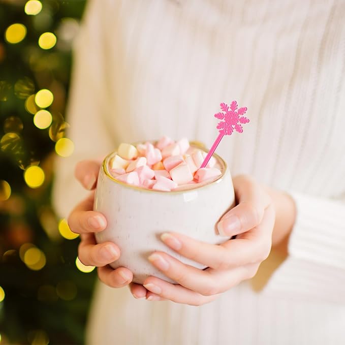 48Pcs Snowflake Coffee Stirrers Pink White Snowflake Cocktail Stir Sticks Winter Plastic Drink Swizzle Stick for Hot Chocolate Bar Supplies Xmas Home Party Decor