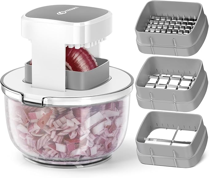 KEOUKE Multifunctional Vegetable Chopper Bowl White - 3 Interchangeable Blades Potato French Fry Cutter with Container & Storage Box Food Chopper Dicer for Cucumber, Tomato, Carrot, Onion