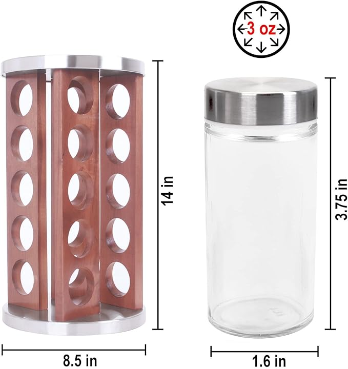 Orii Dark Acacia Wood Spice Rack with 20 EMPTY jars with Stainless Steel Lids and FREE Stainless Steel Funnel and Labels