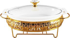 11" x 7" Ceramic Oval Casserole Dish with Glass Lid and Gold rack, 1.3 Quart White Serving Soup Tureen,Chafing Dish for Buffet, Family Food preserve Tray, Catering Casserole for Party Style