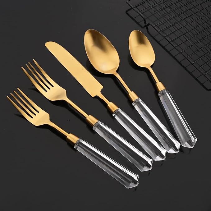 JASHII 20pcs 304 Stainless Steel Gold Flatware Cutlery Set, Matte Finished Knife Fork Spoon Set, Creative Handle,Service for 4, Dishwasher Safe for Home Wedding Hotel