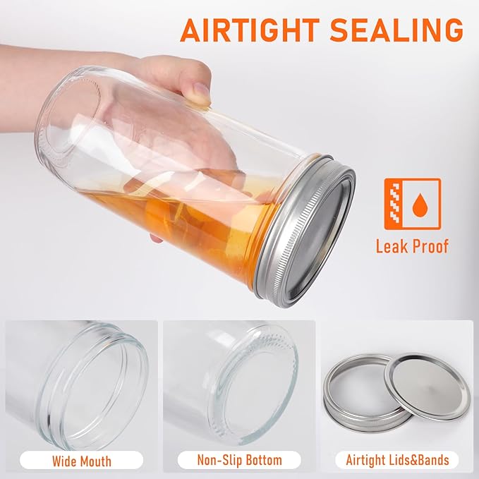 24 oz Wide Mouth Mason Jars 8 Pack, Glass Tall Mason Jars with Airtight Lids and Bands for Canning, Preserving, Fermenting, Pickling, DIY Projects