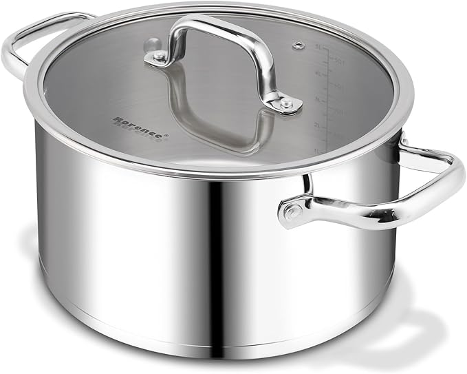 Rorence Stainless Steel Stock Pot, Tri-Ply Base Large Pot Induction Cooking Pot with Lid for All Stoves, Oven & Dishwasher Safe, 6-Quart