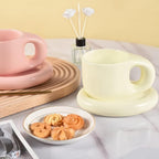 Koythin Ceramic Coffee Chubby Mug Saucer Set, Creative Cute Fat Handle Cup with Saucer for Office and Home, Dishwasher and Microwave Safe, 10 oz for Latte Tea Milk (Beige)