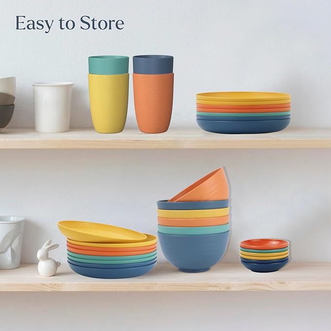 Wheat straw plates and bowls sets of 16 - Unbreakable wheat straw dinnerware sets for kids - Alternative plastic dinnerware set service for 4 - Microwave safe and Dishwasher safe bowls. Colorful