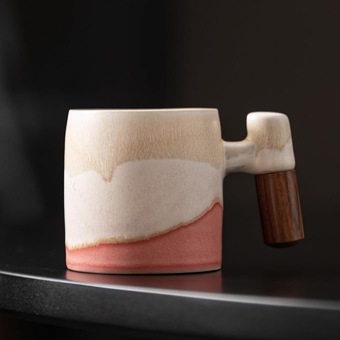2-Oz Ceramic Espresso Cups with Wood Handle, 2/4-Piece Set for Coffee, Tea, Latte - Dishwasher Safe, Multi-Color & Wood Styles, Gift & Café Use (Kiln turning pink, Wooden Handle2)