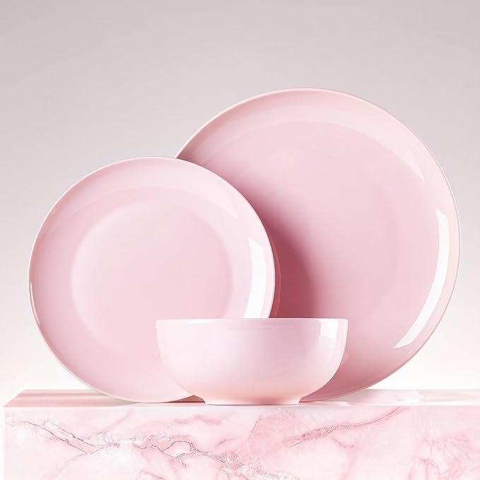 KINGSTONE Bone China Dinnerware Sets, 18-Piece Dinnerware Set for 6, Lightweight Durable, Dishwasher Safe, Tableware for Daily Use with Elegant Design, Pink