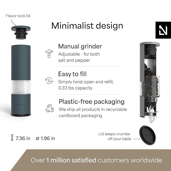 LARS NYSØM Salt and Pepper Grinder Set Manual, Stainless Steel Salt and Pepper Mills with Adjustable Ceramic Grinder I Design Spice Shakers (Blue/Gray)