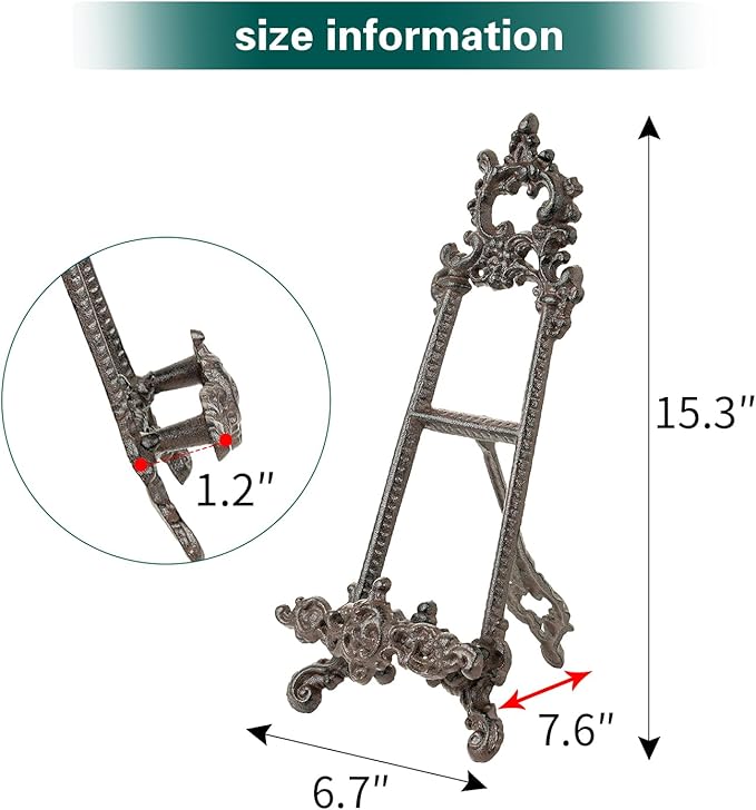Sungmor Vintage Cast Iron Cookbook Stand, Small Ornate Easel Fleur De Lis Stand, 15.5" Tall Antique Brown Table Top Display Holder for Recipe Book, Picture Frame, Plate, Home Kitchen Decor
