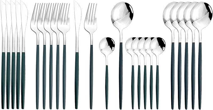 JASHII Flatware Serving Set 24 Piece, Stainless Steel Silverware Set, Green Silver Cutlery Set, Modern Elegant Tableware Set for Party, Christmas, Dinner (Green Silver)