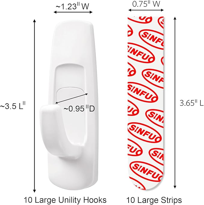 Utility Wall Hooks for Hanging Large 10 Hooks, Damage Free Hanging Wall Hooks with Adhesive Strips, Heavy Duty Adhesive Hooks Damage Free for Key Holder, Coat, Door, Shower Hanging