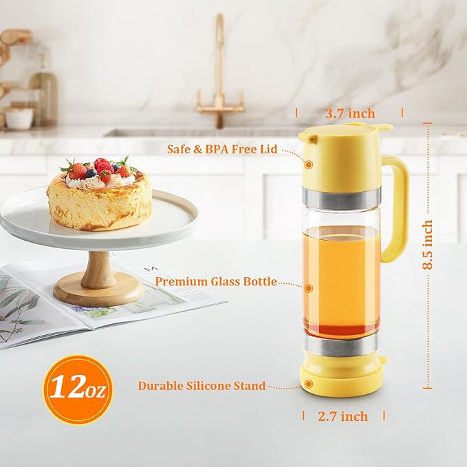 Aelga Glass Honey Dispenser Pot, No Drip 12 OZ Honey Jar with Handle, Syrup Dispenser for Coffee or Tea, Yellow