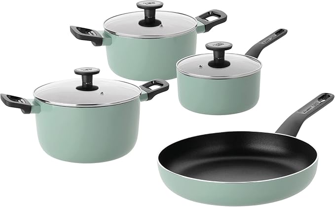 BergHOFF Sage Non-stick 7Pc Cookware Set, Glass Lid with Steam Vent, Pressed Aluminum, FernoGreen Non-toxic Nonstick Coating with Stay-cool Handle