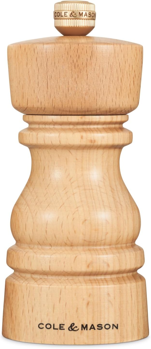 Cole & Mason London Refillable Spice Mill - Kitchen & Home Accessory - Table Black Pepper Grinder - Pepper Mill with Carbon Steel Mechanism - 5", Natural Beech