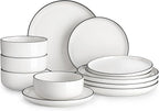 MALACASA Plates and Bowls Sets, 12 Pieces Modern Porcelain Dinnerware Set for 4 White Kitchen Dinner Dining Ware Set wtih Black Rim Ceramic Dishware Dishes Microwave and Dishwasher Safe, Series LUNA