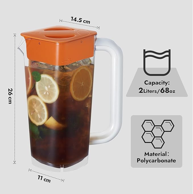 CURTA 2 Pack 2 Liters/68 oz Plastic Square Pitcher with Lid & Handle for Kitchen,ICED JUICE and Coffee Carafe Beverage Serveware, Acrylic Water Jug for Hot/Cold Drinks&lemonade