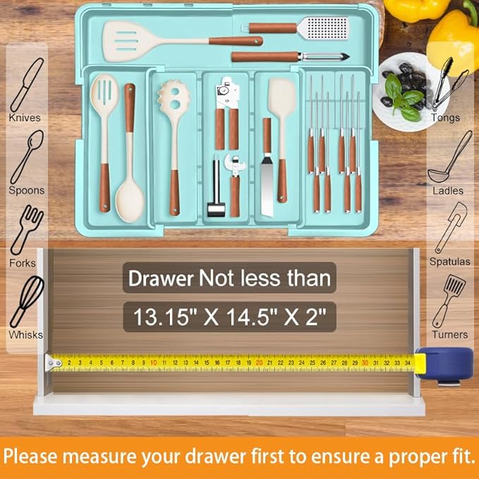 Utensil Drawer Organizer for Kitchen, Expandable Silverware Organizer Cooking Utensils Tray, Large Cutlery and Flatware Holder, Kitchen Tools & Gadgets Storage (Turquoise)