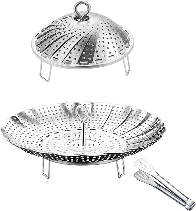Vegetable Steamer Basket, 304 Stainless Steel Steamer for Cooking, Expendable Food Steamer to Fit Various Size Pot (5.7" to 9" + 7.3" Kitchen Tong)