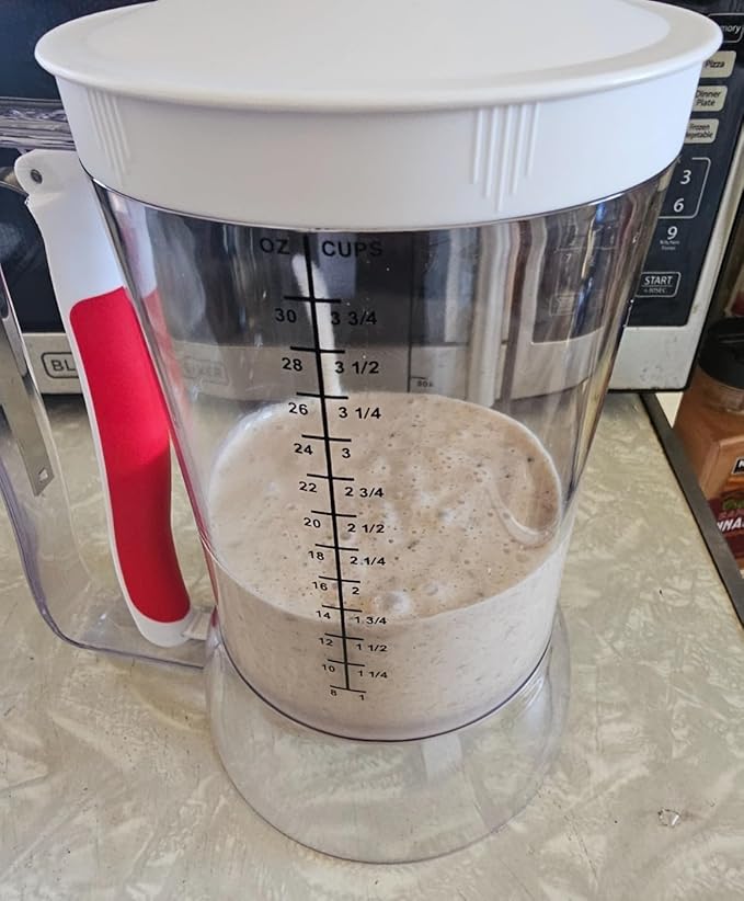 Pancake Batter Dispenser with Squeeze Handle for Precise Portion Control, Clear Measuring 4 Cup Batter Separator for Cookie Cake Waffles Muffin with 4 Egg Ring Molds