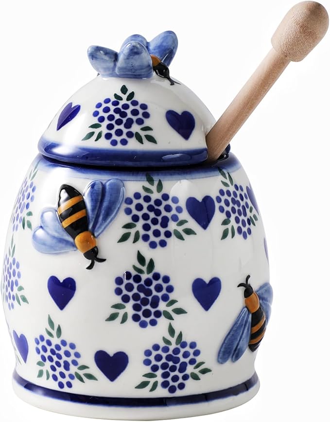 ZOOBEE Ceramic Honey Pots with Dipper and Lid Farmhouse Style,10oz Honey Jar with Dipper,Handpainted Honey Jars with Bees,Easily Wash-Deep Love