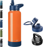 40oz Insulated Water Bottle with Straw, Stainless Steel Metal Vacuum Water Flask, Large Thermal Water bottle with Leakproof 3 Lids for Travel, Camping, Gym Sports Orange