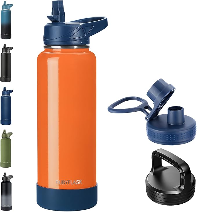 40oz Insulated Water Bottle with Straw, Stainless Steel Metal Vacuum Water Flask, Large Thermal Water bottle with Leakproof 3 Lids for Travel, Camping, Gym Sports Orange