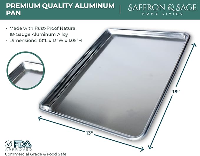 Commercial Quality Cookie Sheet Pan - 2 Pack Aluminum Half Sheet Baking Pan by Saffron & Sage Home Living - This 18x13 Baking Sheet Set is Rust & Warp Resistant, Heavy Duty, of Thick Gauge