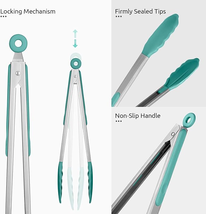 600ºF Heat Resistant Kitchen Tongs: U-Taste 12 in Large Silicone Cooking Tong with Sturdy Non Stick Rubber Tips & Silicon Coated 18/8 Stainless Steel Handle & Smooth Locking for Serving Grill-Aqua Sky