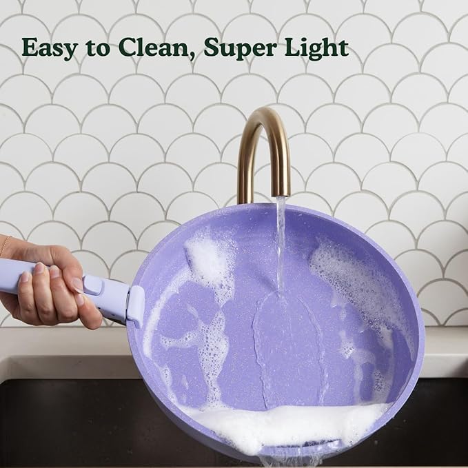 Ombré Titanium Ceramic Cookware Set Non Toxic – 8 Pcs Non Stick Pots and Pans Set with Removable Handles, Magnetic Lid & Wooden Spatula for Cooking – Oven & Dishwasher Safe (Lavender)