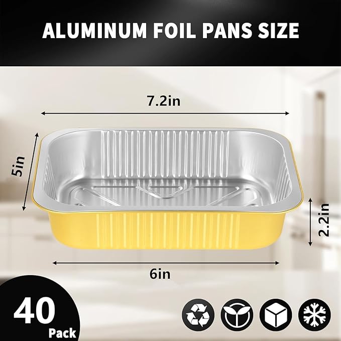 40 Pack 2LB 7.2"×5"×2.2" Gold Heavy Duty Aluminum Foil Pans with Lids 32oz Capacity Foil Food Containers with Lids, Tin Foil Pans with Lids for Baking, Meal Prep, Freezer and Takeout