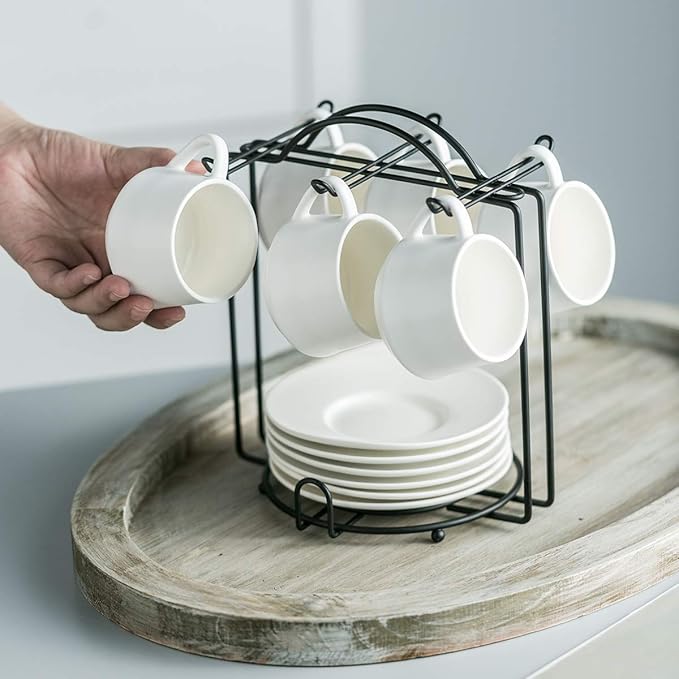 YHOSSEUN Espresso Cups Set with Saucers and Metal Stand Coffee Cup Set of 6 4 oz Cappuccino Cups Teacup for Tea Party - White