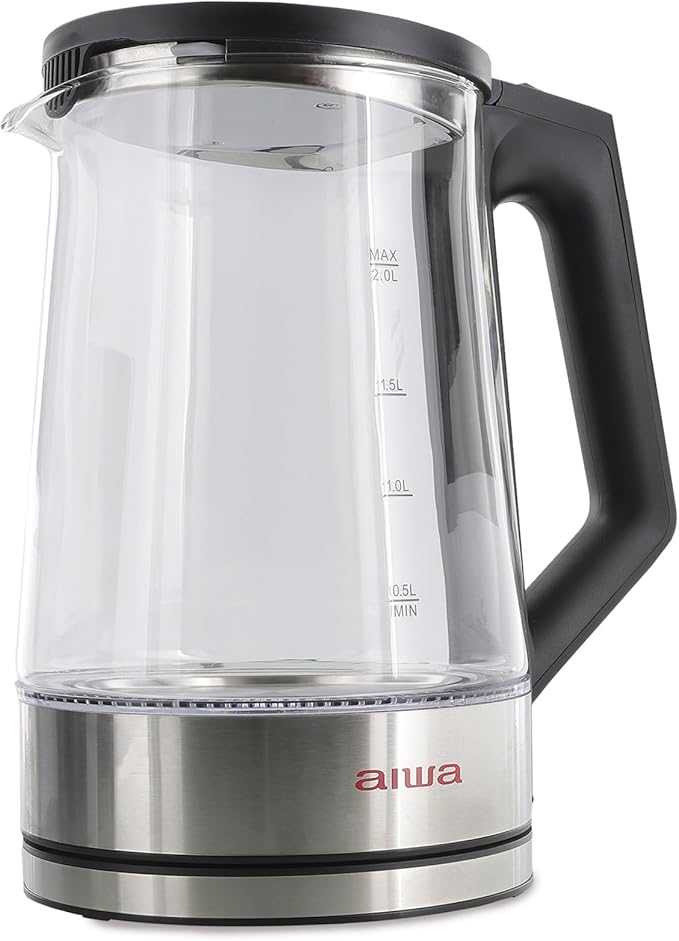 Aiwa 2 Liter Electric Water Kettle, 8.4 Cups Fast Hot Water Boiler, Glass Tea Kettle, with Blue LED Interior, Cordless Serving, Auto-Shutoff & Boil-Dry Protection, Black