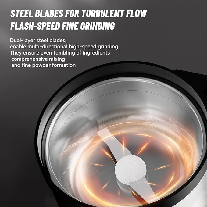 Stainless Steel Coffee Grinder and Spice Grinder with Dual Blades & Heat Dissipation Base, for Uniform Grinding of Large Batches of Beans and Spices