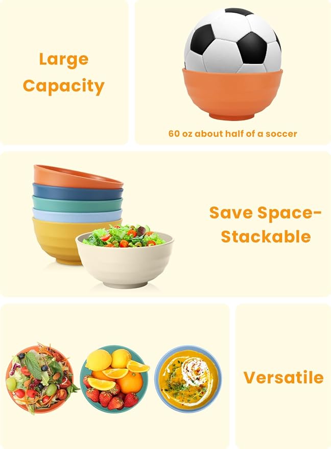 Homienly Large Bowl Set of 6, 60 oz Unbreakable Wheat Straw Bowls, Microwave Safe & Reusable for Salad, Cereal, Soup, Ideal for Camping, Picnic, Family Dining (Multi)