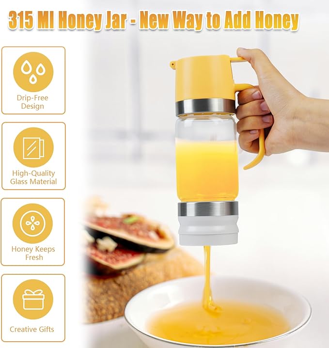 Honey Dispenser No Drip with Stand, 12 OZ Glass Honey Jar, Syrup Dispenser, Easy One Hand Use Honey Pot for Coffee or Tea, Mess Free Honey Dispenser for Syrup, Honey Container (2PCS Yellow)