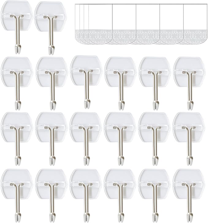 20 Hooks-25 Removable Strips, Small Clear Wire Hooks Value Pack, Damage Free Hanging Wall Hooks with Adhesive Strips, Removes Cleanly, No Tools Utility Hooks for Hanging Decorations