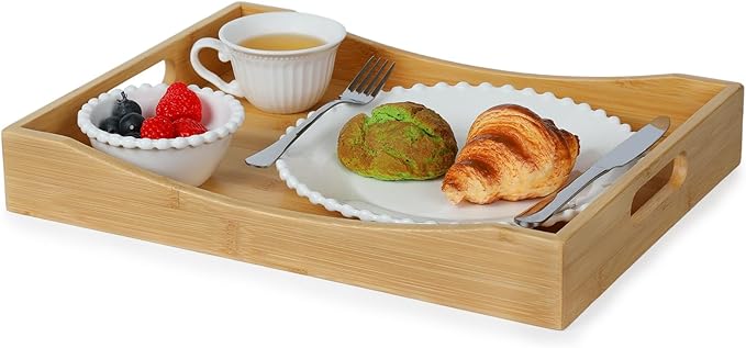 Gobam Bamboo Serving Tray with Built-in Handles, 16.5 x 12.4 inch Large Wooden Breakfast Trays for Bed, Coffee Table & Ottoman, Rectangular Decorative Tray for Entryway, Kitchen, Dining & Living Room
