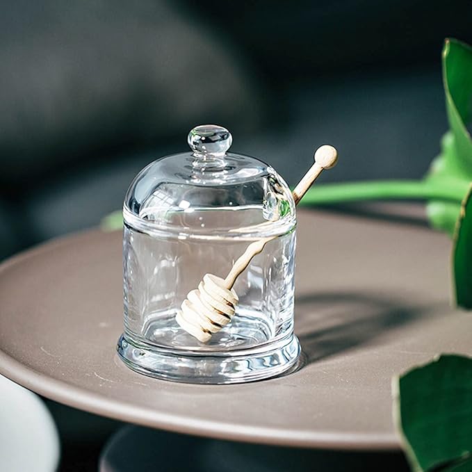 Glass Honey Jar with Wooden Dipper and Glass Lid,Honey Pot Dispenser for Store Honey and Syru,10 Ounces