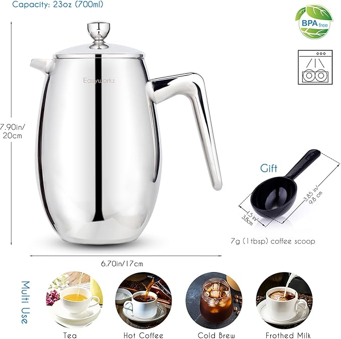 Easyworkz Nando French Press 23 oz Double Wall Insulated Thermal Coffee Maker,304 Stainless Steel Cafetiere