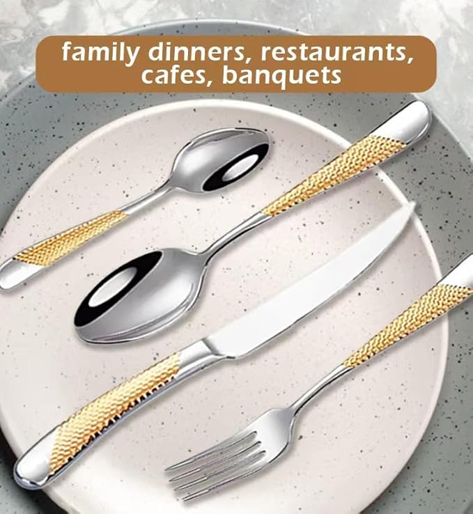 16-Piece Premium Stainless Steel Flatware Set with Gold Diamond Pattern Handle, Modern Silverware Silver and Gold,Christmas gift (4x4 Set)